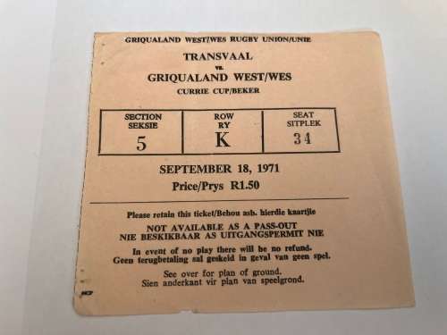 Rugby Ticket - Transvaal vs Griqualand West 18/09/1971
