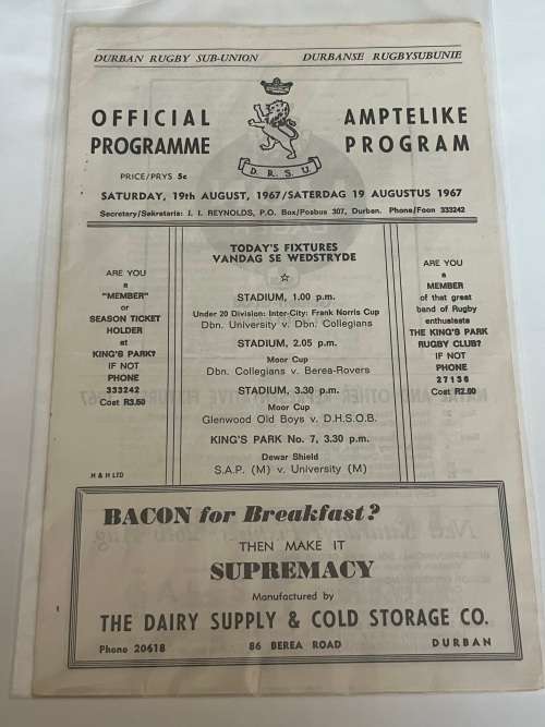 Rugby Programme - Moor Cup 19/08/1967 at Kingspark.