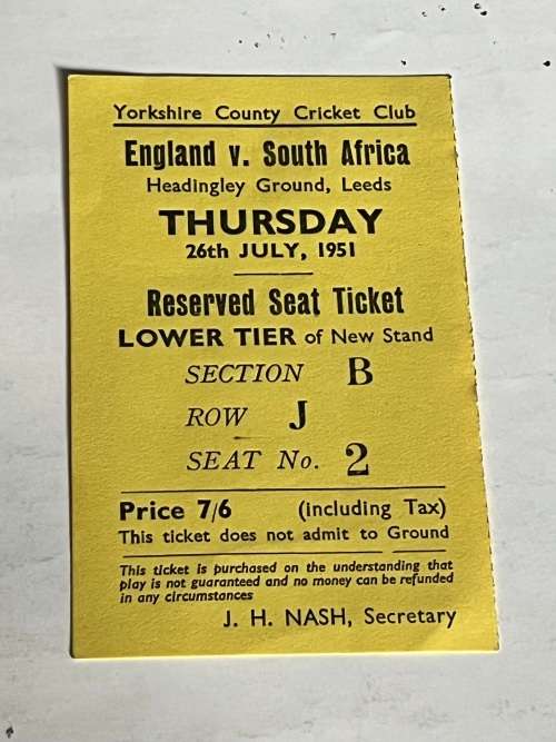 Cricket Ticket - England vs South-Africa 26/07/1951