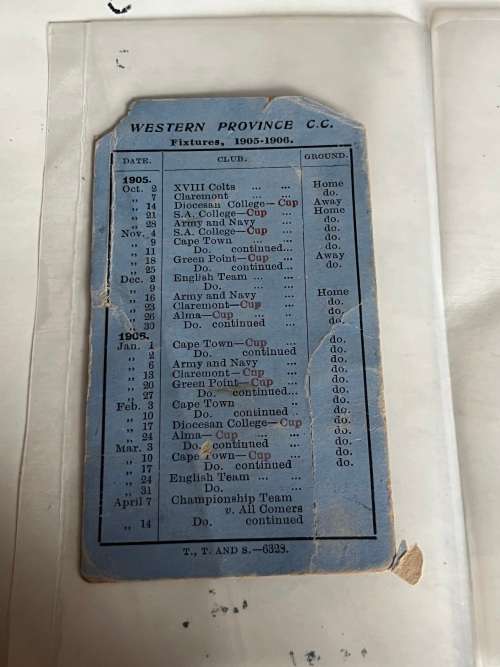 Cricket Ticket and Itinirary Card - 1905/1906 Western Province Ladies Admission card for Eng & other