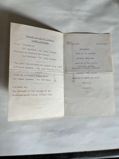 Cricket - Dinner Menu: Cricket Society of Zimbabwe welcoming touring Leicester Cricket Team 20/03/81