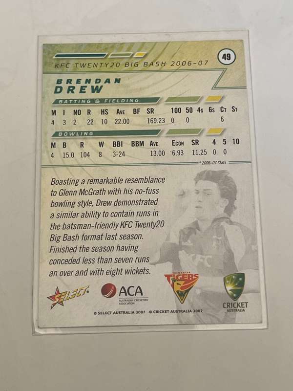 Cricket Card - *SIGNED* 2007 Select Brendan Drew Cricket Card