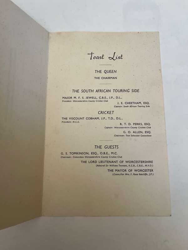 Cricket Menu - 07/05/1955 Welcome of the South-African Touring Side Dinner Menu (Worcestershire)