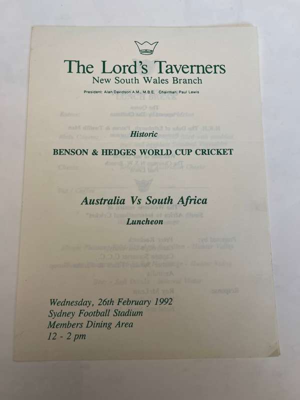 Cricket Menu - Benson & Hedges World Cup Cricket Aus vs SA Luncheon Menu 26/02/1992