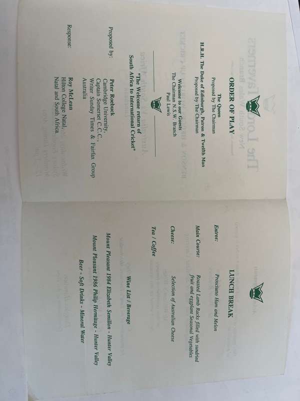 Cricket Menu - Benson & Hedges World Cup Cricket Aus vs SA Luncheon Menu 26/02/1992