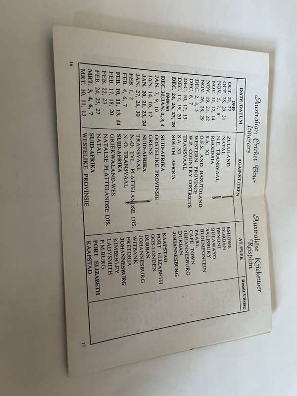 Cricket Itinerary - Australian Cricket Tour of South-Africa 1949/1950