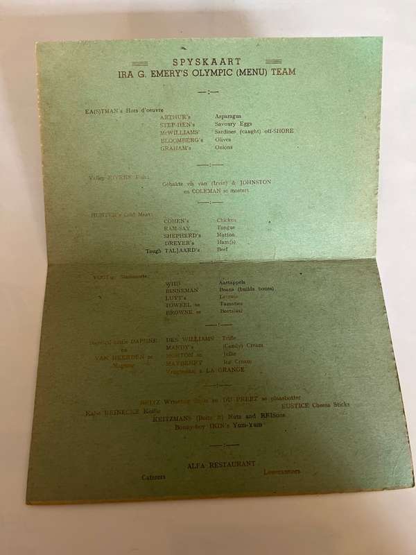 Sport Menu - Farewell Dance in honour of Olympic Springboks 9/06/1948 in Pta (London Olympics)