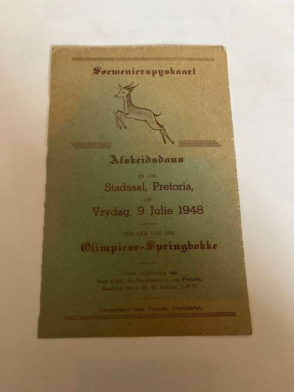 Sport Menu - Farewell Dance in honour of Olympic Springboks 9/06/1948 in Pta (London Olympics)