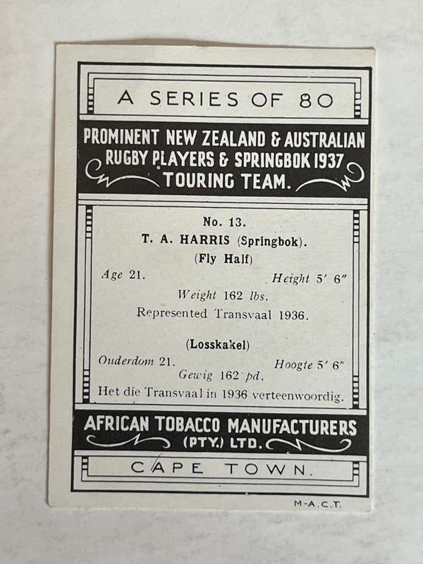Rugby Card - 1937 African Tabacco Rugby/Cigarette Card (TA Harris nr 13)