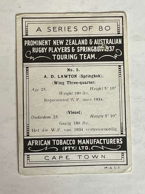 Rugby Card - 1937 African Tobacco Rugby/Cigarette Card (AD Lawton nr5)