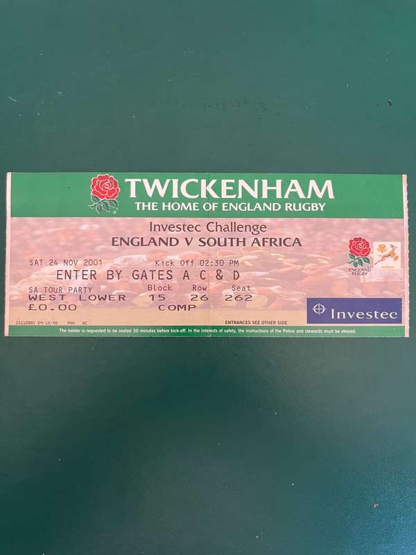 Rugby Ticket - England vs South-Africa Twickenham 24/11/2001