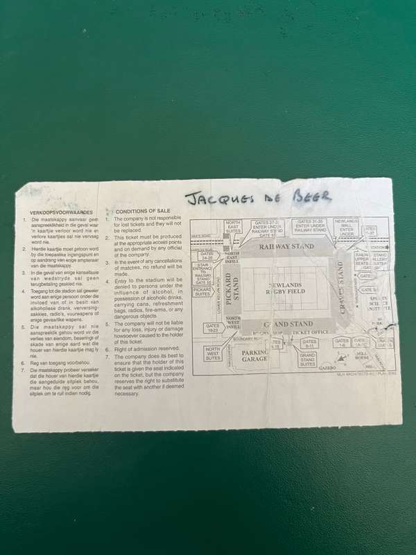 Rugby Ticket - South-Africa vs Wales Newlands 15/06/2002
