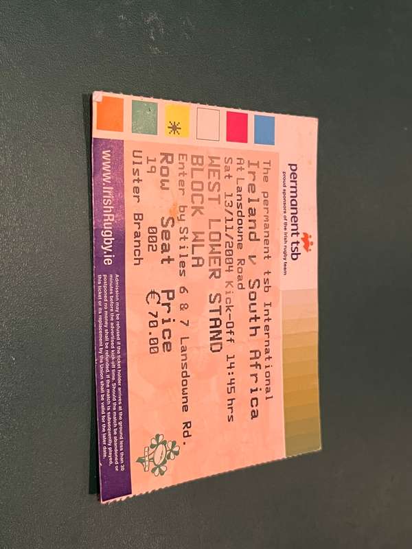 Rugby Ticket - Ireland vs South-Africa Landsdown Road 13/11/2004