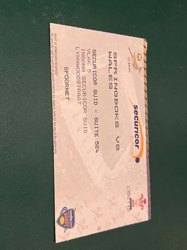 Rugby Ticket - South-Africa vs Wales Loftus 26/06/2004