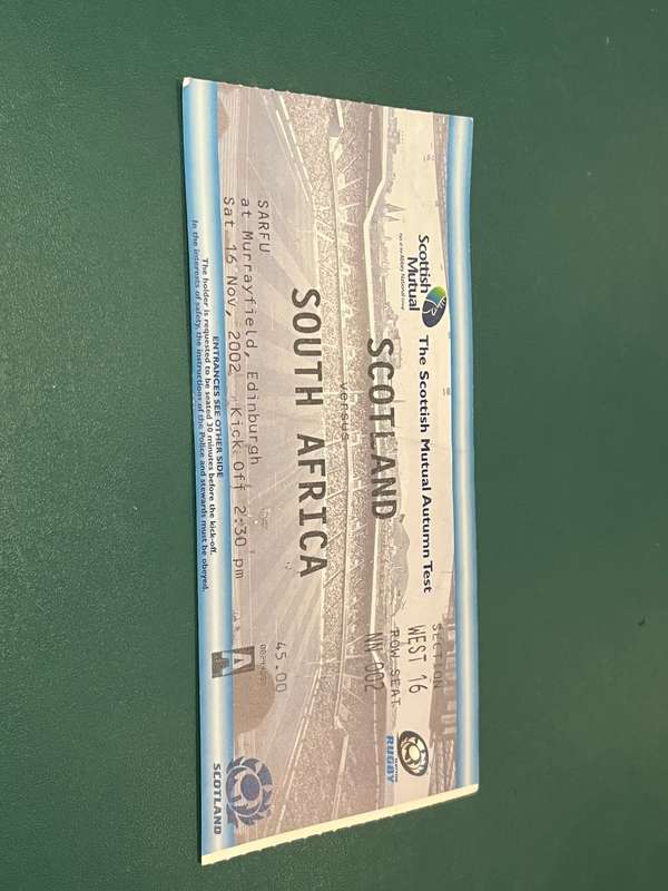 Rugby Ticket - Scotland vs South-Africa Murrayfield 16/11/2002