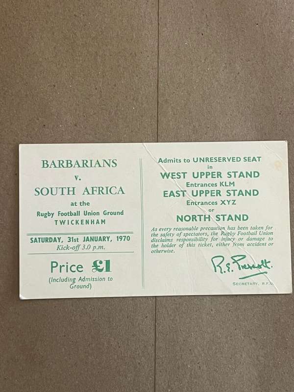 Rugby Ticket - South-Africa vs Barbarians 31/01/1970