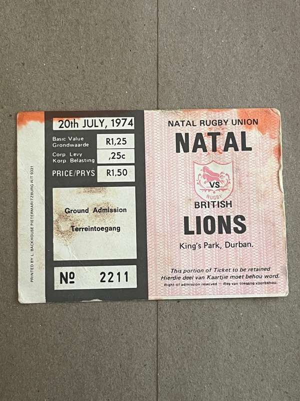 Rugby Ticket - Natal vs British Lions 20/07/1974