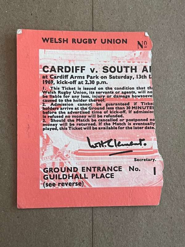 Rugby Ticket - Cardiff vs South-Africa 13/12/1969