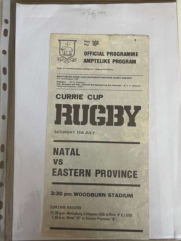Rugby Programme - Natal vs Eastern-Province 12/07/1975