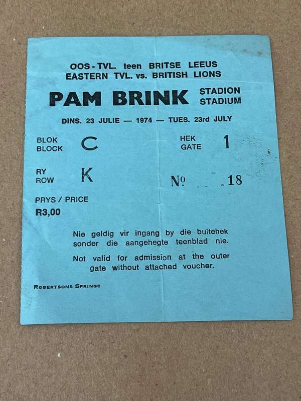 Rugby Ticket - Oos-Transvaal vs British Lions 23/07/1974