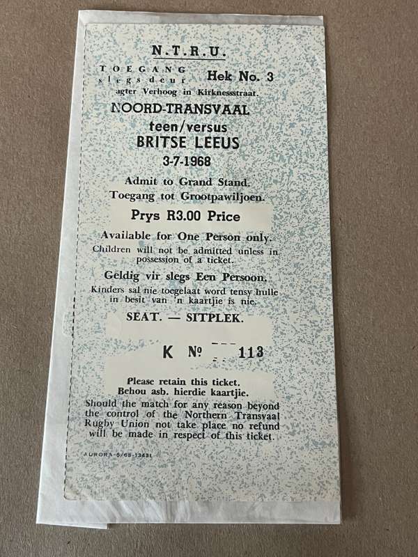 Rugby Ticket - Northern-Transvaal vs British-Lions 03/07/1968