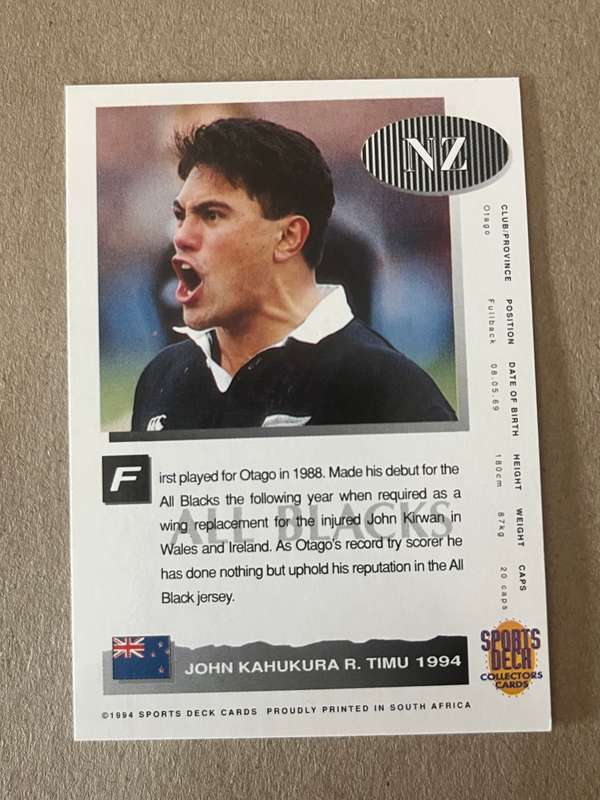 Rugby Card - John Timu 1994 Sports Deck Rugby Card