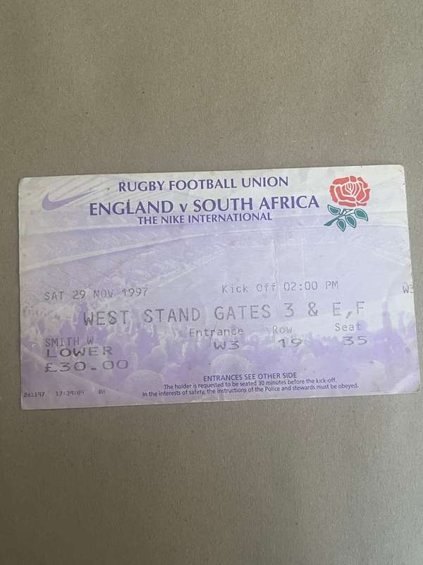 Rugby Ticket - South-Africa vs England 29/11/1997