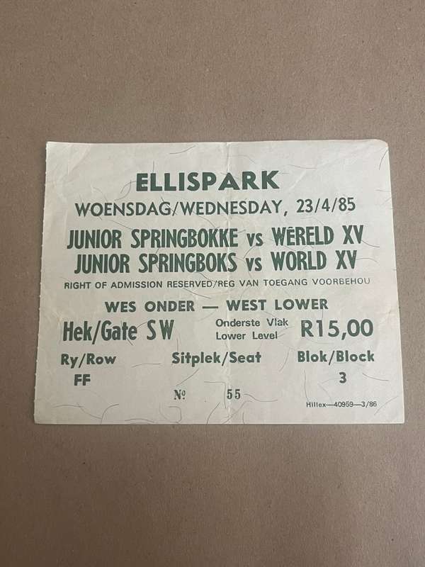 Rugby Ticket - Junior Springboks vs World XV 23/04/1985