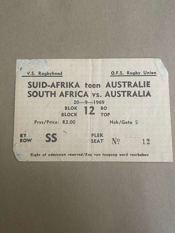 Rugby Ticket - South-Africa vs Australia 20/09/1969