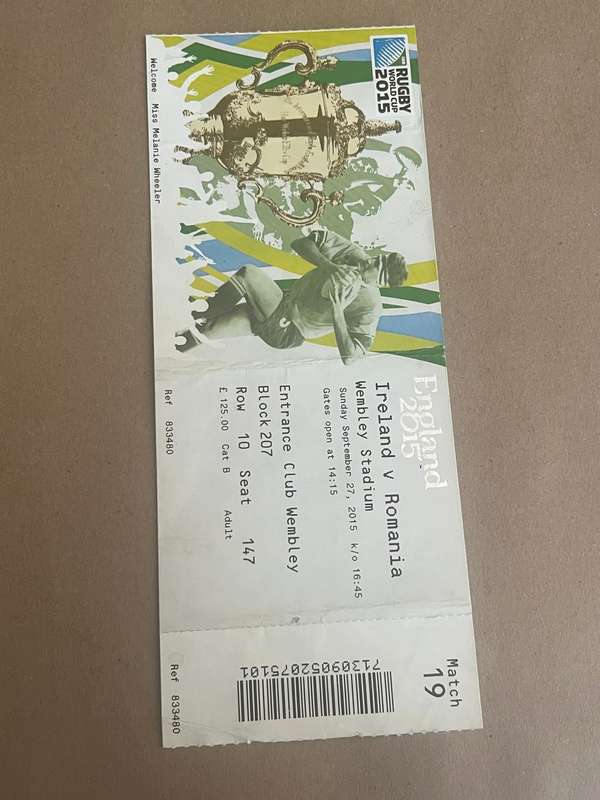 Rugby Ticket - Ireland vs Romania 27/09/2015 (Rugby World Cup)
