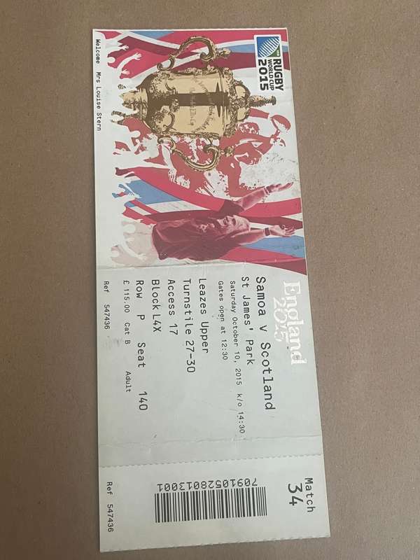 Rugby Ticket - Samoa vs Scotland 10/10/2015 (Rugby World Cup)