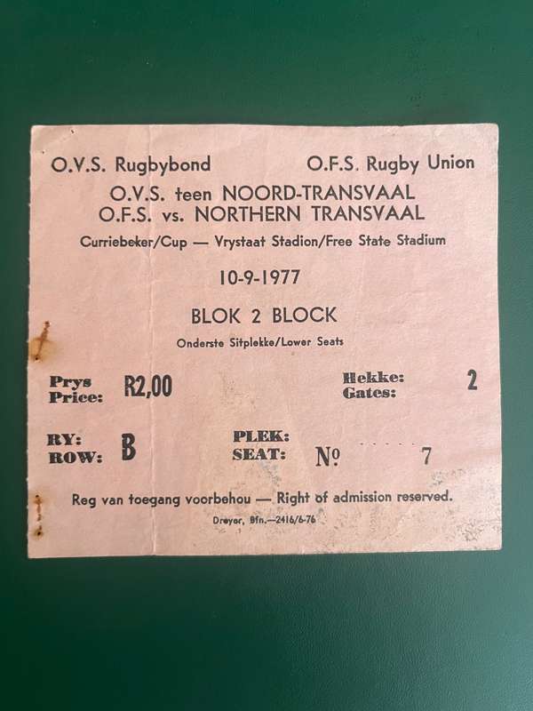 Rugby Ticket - Free State vs Northern-Transvaal 10/09/1977
