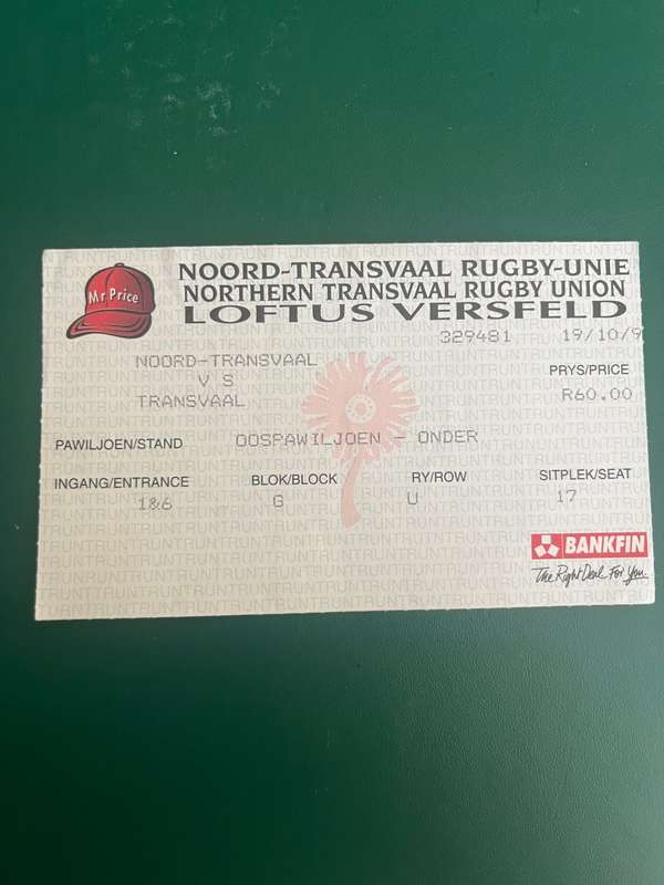 Rugby Ticket - Natal vs Northern-Transvaal 19/10/1990