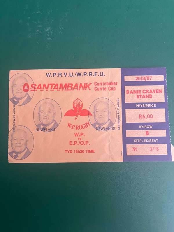 Rugby Ticket - Western-Province vs Eastern-Province 29/08/1987
