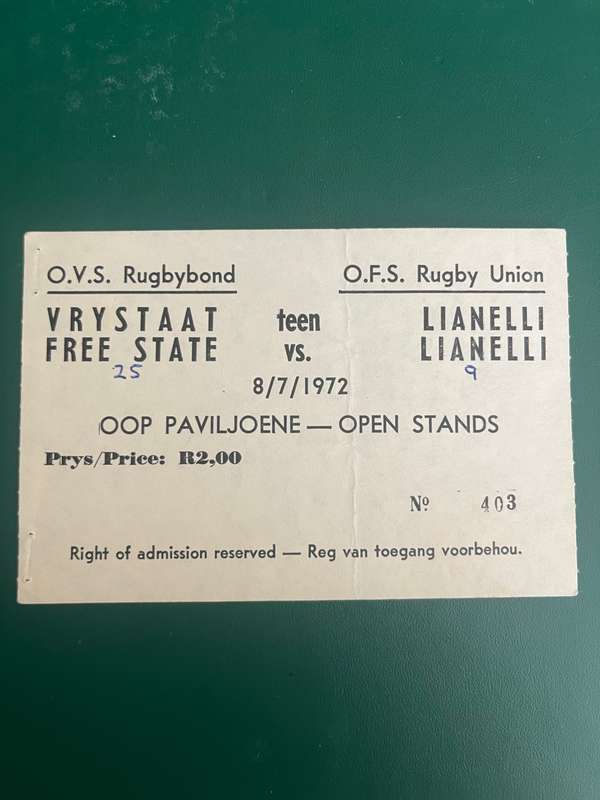 Rugby Ticket - Free State vs Llanelli 08/07/1972