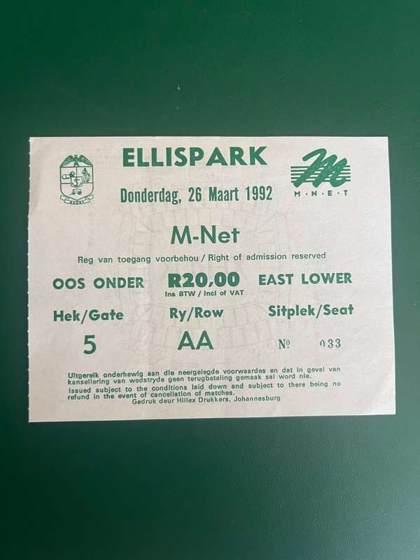 Rugby Ticket - M-Net Night Series 26/03/1992