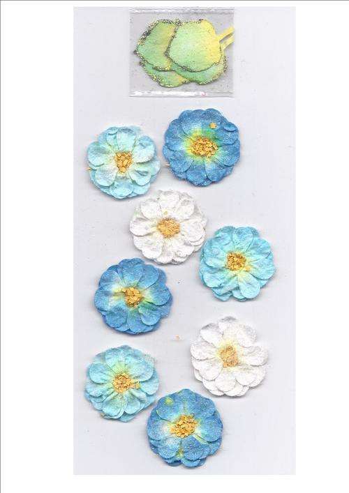 FLOWERS:  made from cotton and silk - 8 per pack  -- COLOUR:  white and blues