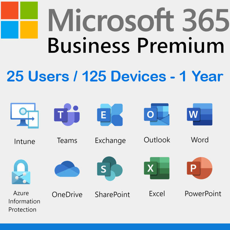 Microsoft Office 365 Business Premium 25 User (125 devices) 1 Year (Annual) Subscription Plan