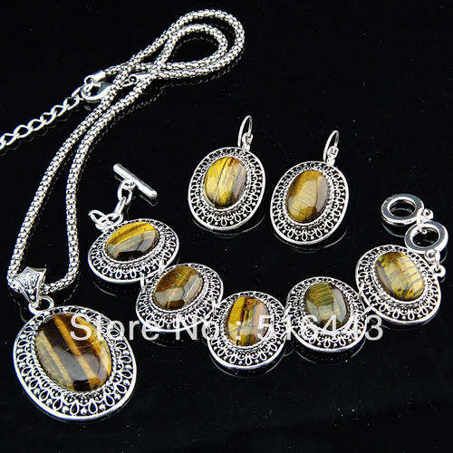Set of Antique Silver Oval Tiger Stones Earrings Bracelet Necklace Women Replica Vintage Jewelry