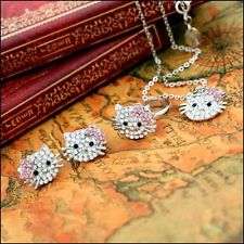 4 pcs crystal earrings&necklace&ring Hello Kitty jewelry set