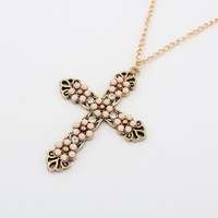 Vintage Style Pink Beads Cross Necklace