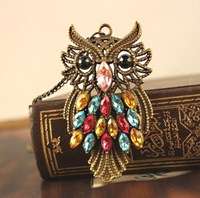 Bronze Multicoloured Rhinestone Owl  Necklace