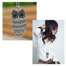 Silver retro owl long necklace