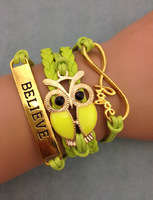 Infinity Bracelet gold and green owl 'Believe'