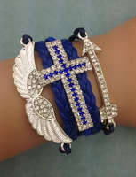 **Discounted Shipping*Infinity Bracelet BLUE GLITTER WINGS CROSS