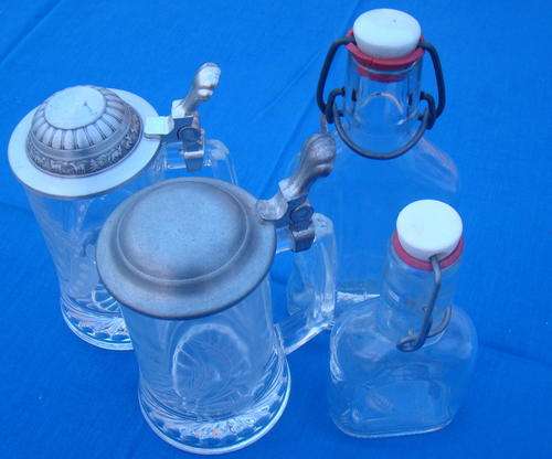 2 ENGRAVED GERMAN GLASSES WITH ENGRAVED BOTTLE