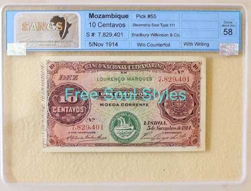 FIRST ON BOB!! 1914 Mozambique 10 Centavos SANGS Graded AU 58