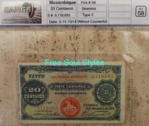 Stunningly Rare High Grade Type 3 1914 Mozambique 20 Centavos SANGS Graded AU 58