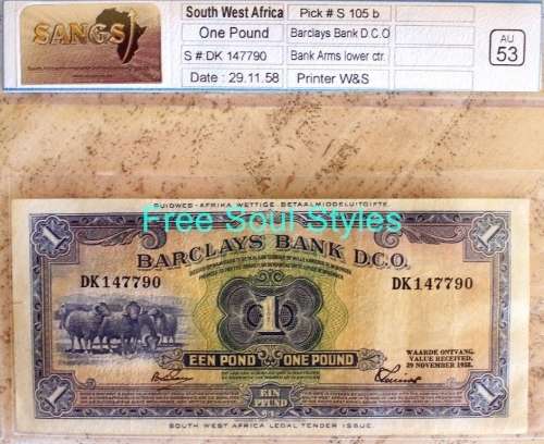 Very Rare in This Condition - 1958 South West Africa 1 Pound Note SANGS Graded AU 53