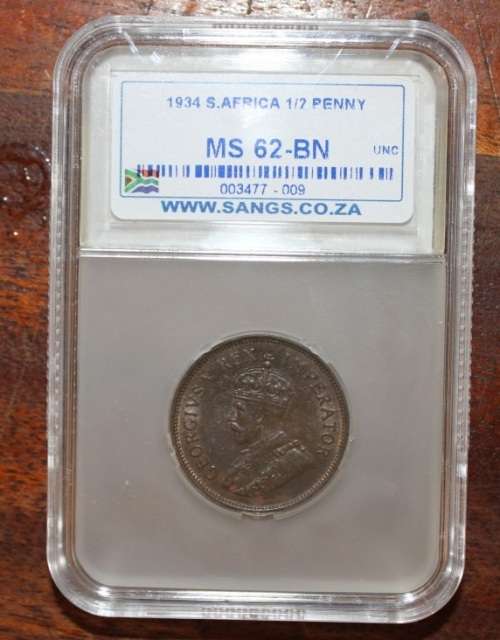 1934 1/2 Penny SANGS Graded MS 62 BN - Catalogue Value R2 000.00